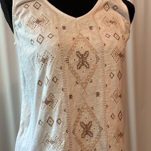 J Jill Sleeveless Cotton Tank Top Tan Diamond Shape Embroidered Design - Size XS